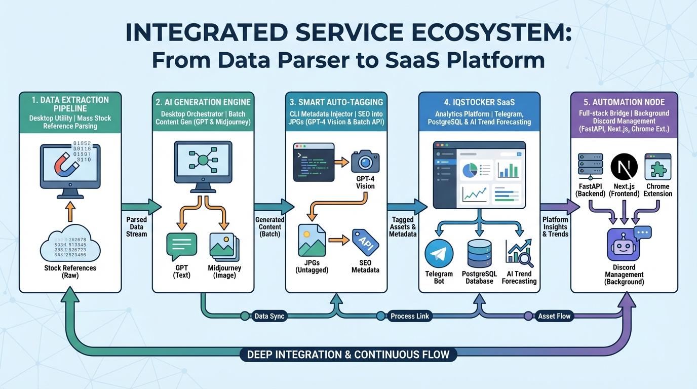 IQStocker AI Ecosystem — Наглядная схема взаимодействия всех пяти модулей