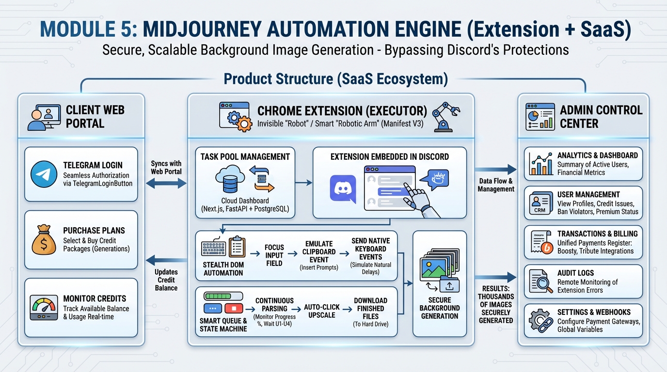 Midjourney Automation Architecture — Cloud Backend & Browser Extension Bridge